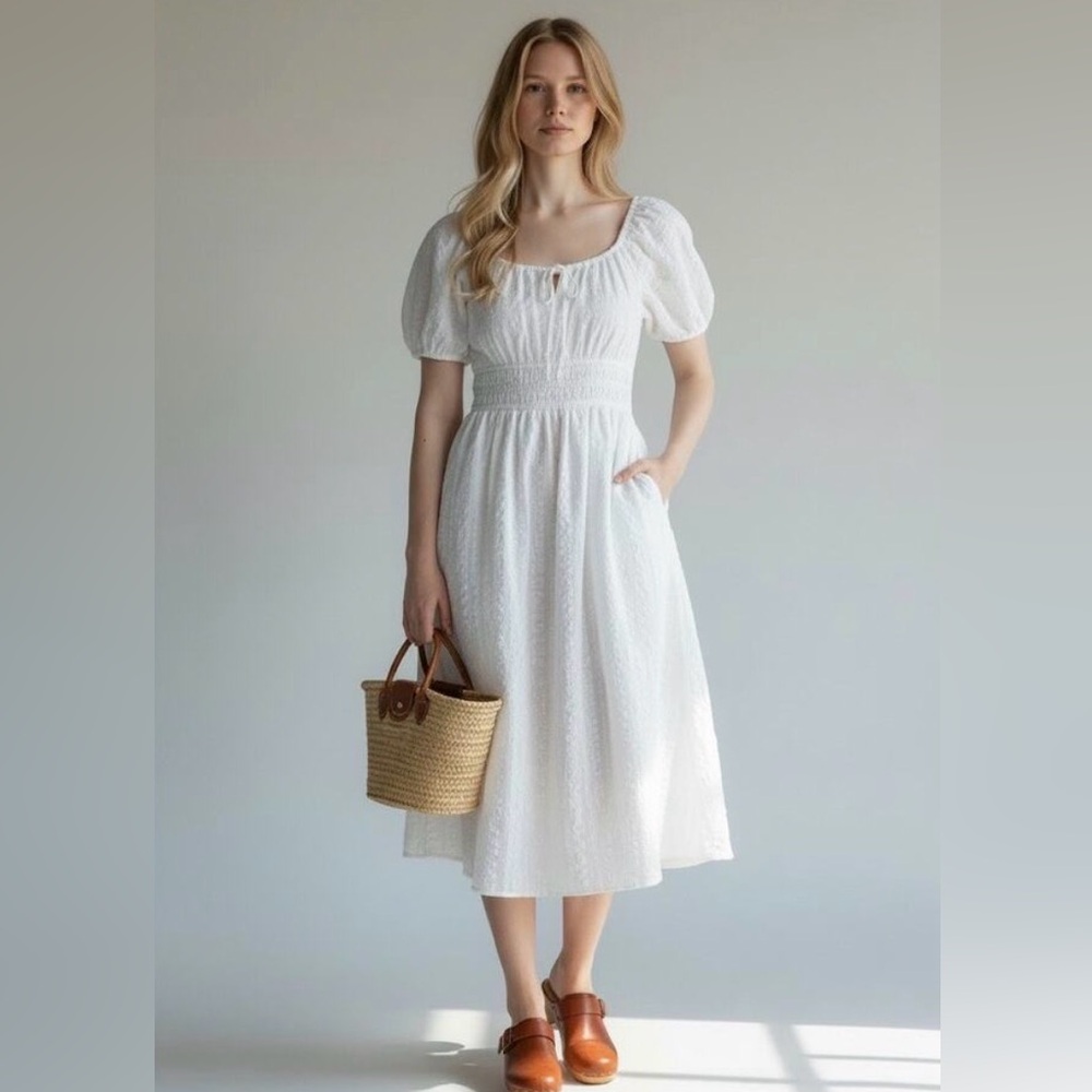 Madewell Sophia White Seersucker Smocked Midi Dress
